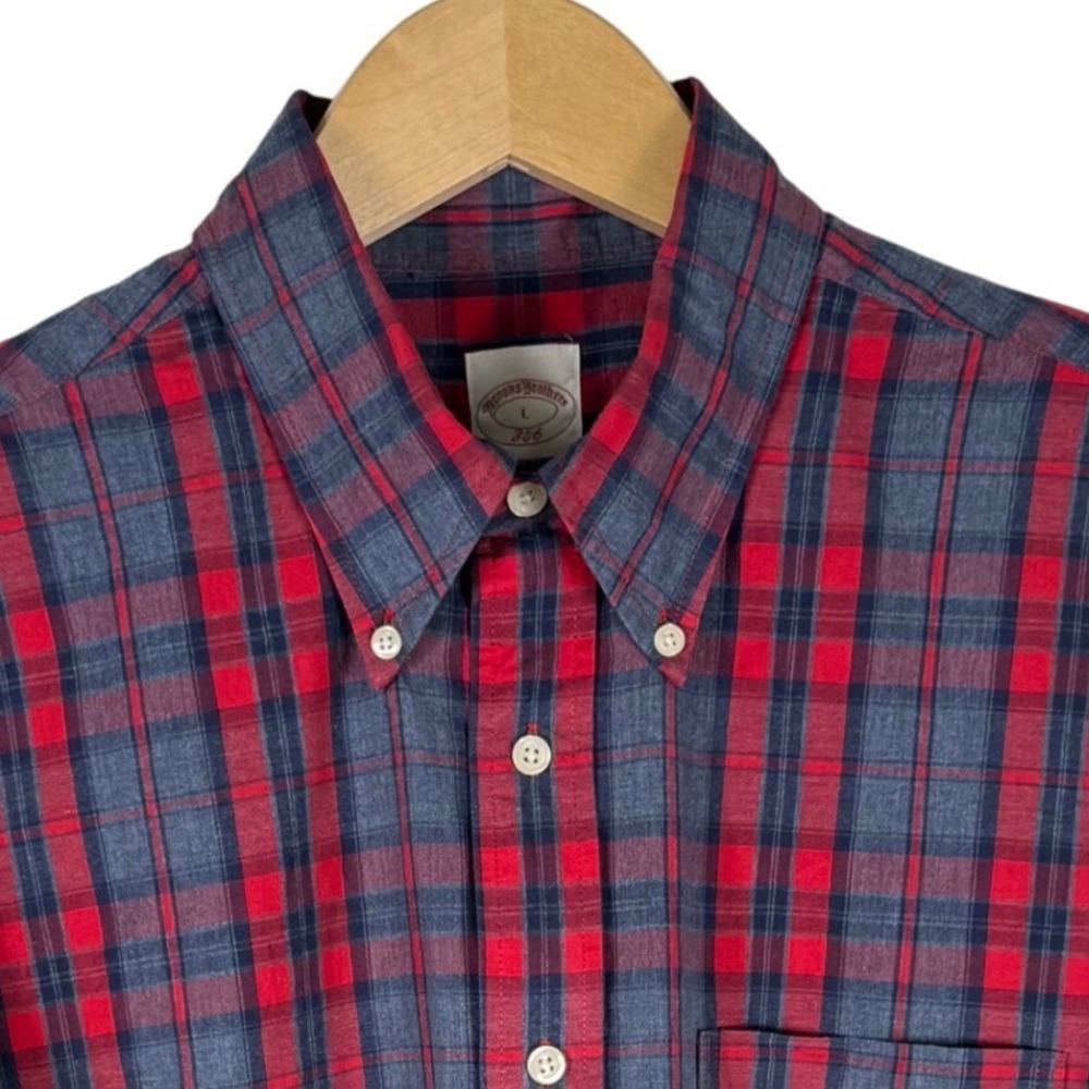 Brooks Brothers 346 Plaid Button Down Shirt Mens L Red Navy Blue Cotton